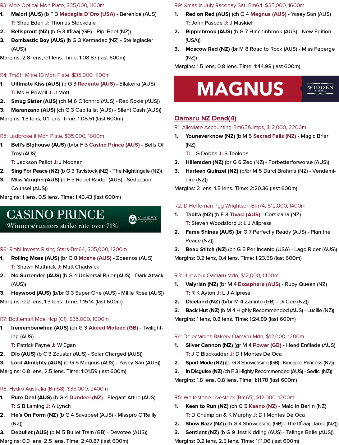 R3: Moe Optical Mdn Plate, $35,000, 1100m 1. Maiori (AUS) (b F 3 Medaglia D’Oro (USA) - Berenice (AUS) T: Shea Eden J...