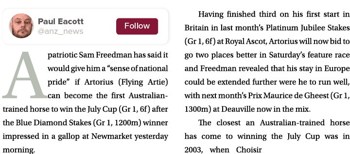  A patriotic Sam Freedman has said it would give him a “sense of national pride” if Artorius (Flying Artie) can becom...