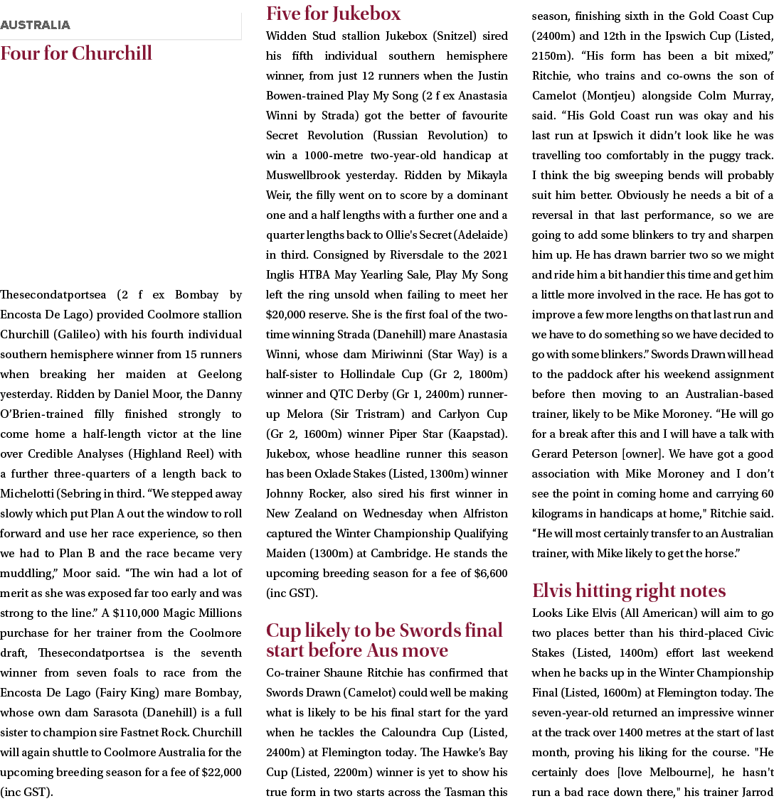  Four for Churchill Thesecondatportsea (2 f ex Bombay by Encosta De Lago) provided Coolmore stallion Churchill (Galil...