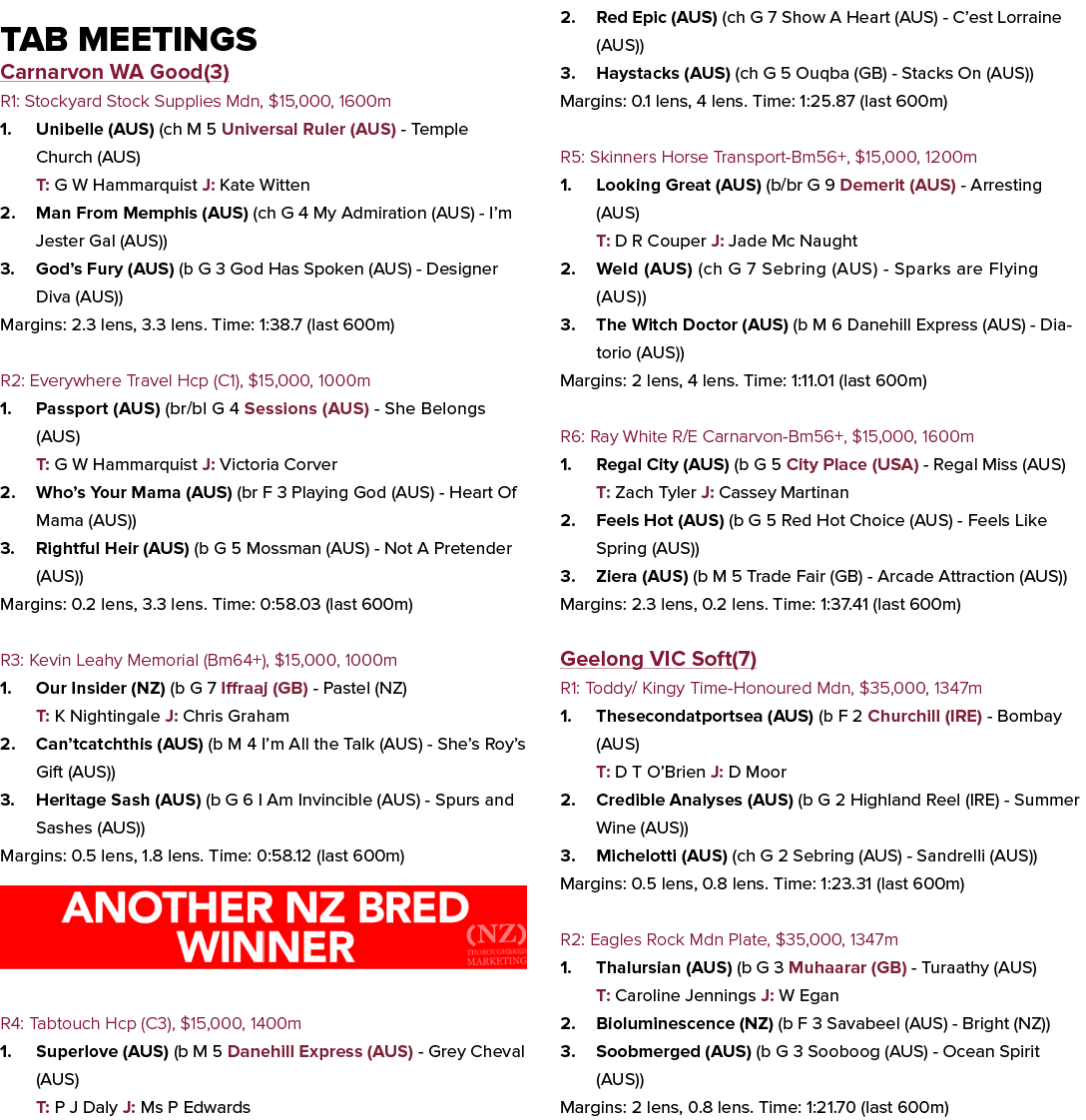 Tab Meetings Carnarvon WA Good(3) R1: Stockyard Stock Supplies Mdn, $15,000, 1600m 1. Unibelle (AUS) (ch M 5 Universa...