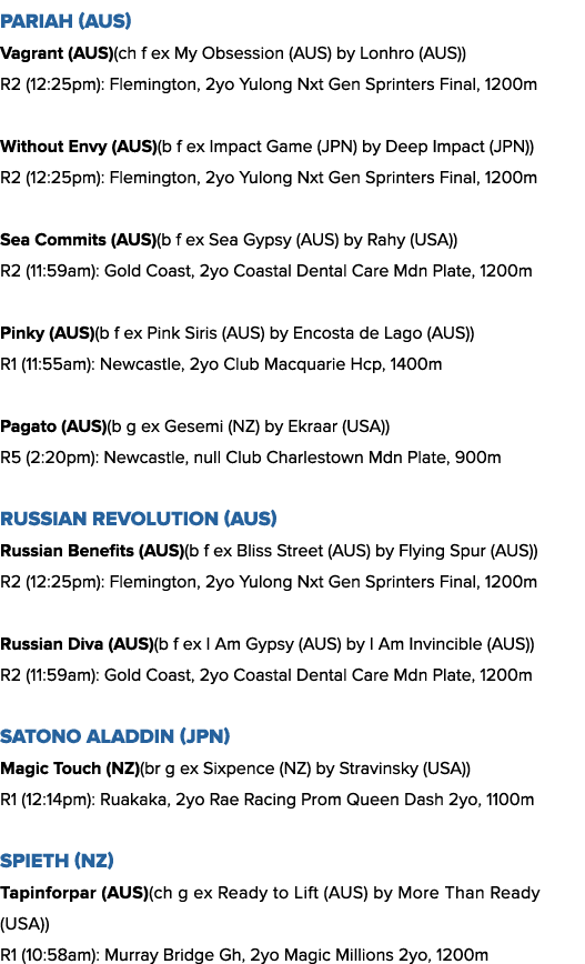 Pariah (AUS) Vagrant (AUS)(ch f ex My Obsession (AUS) by Lonhro (AUS)) R2 (12:25pm): Flemington, 2yo Yulong Nxt Gen S...