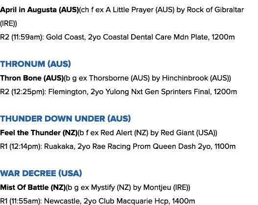 April in Augusta (AUS)(ch f ex A Little Prayer (AUS) by Rock of Gibraltar (IRE)) R2 (11:59am): Gold Coast, 2yo Coasta...