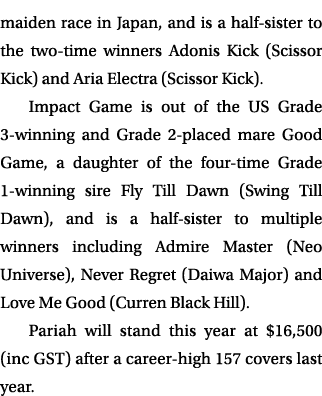 maiden race in Japan, and is a half-sister to the two-time winners Adonis Kick (Scissor Kick) and Aria Electra (Sciss...