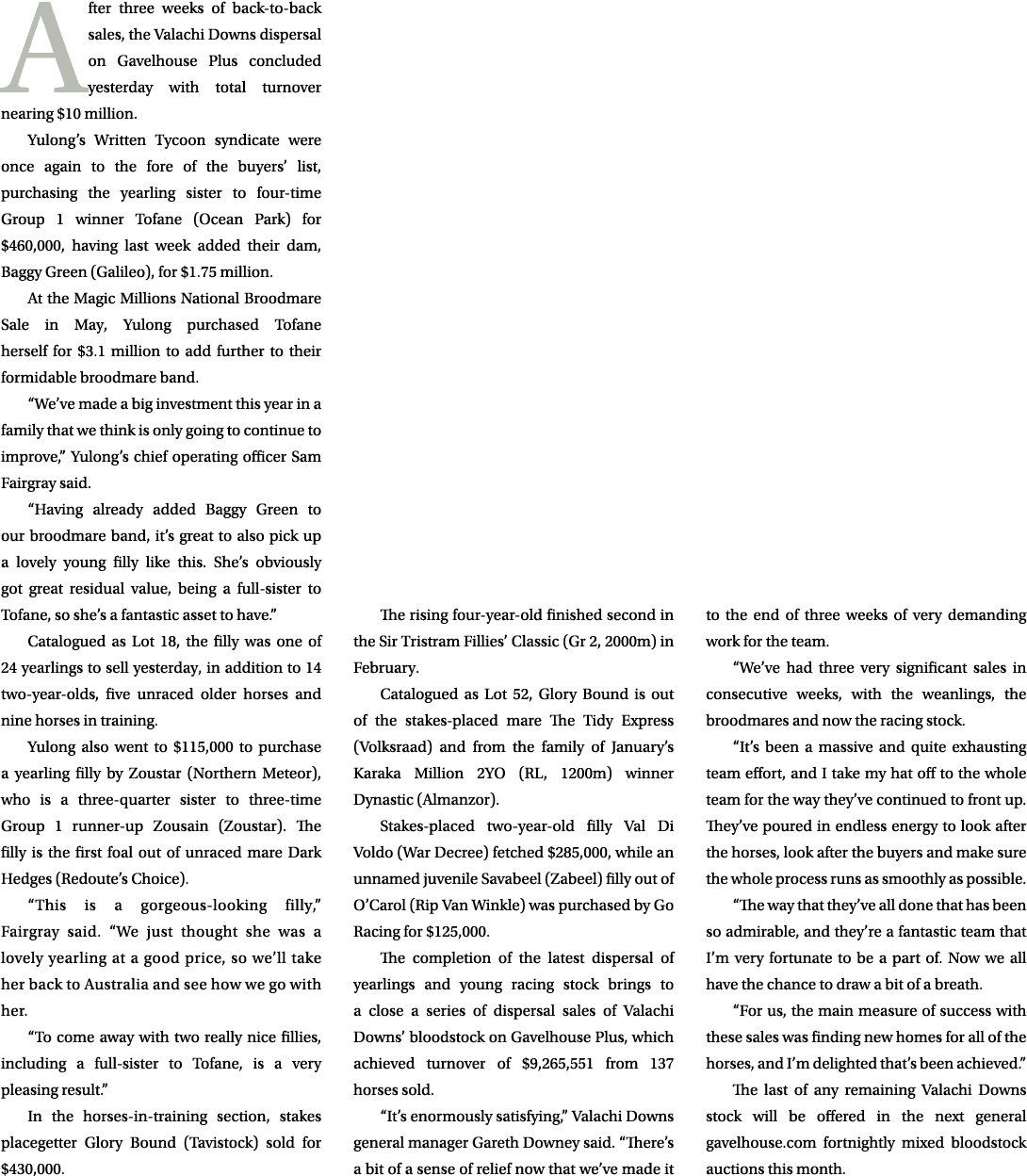 After three weeks of back-to-back sales, the Valachi Downs dispersal on Gavelhouse Plus concluded yesterday with tota...