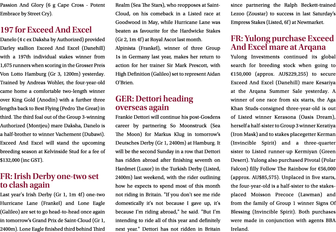 Passion And Glory (6 g Cape Cross - Potent Embrace by Street Cry). 197 for Exceed And Excel Danelo (4 c ex Daksha by ...