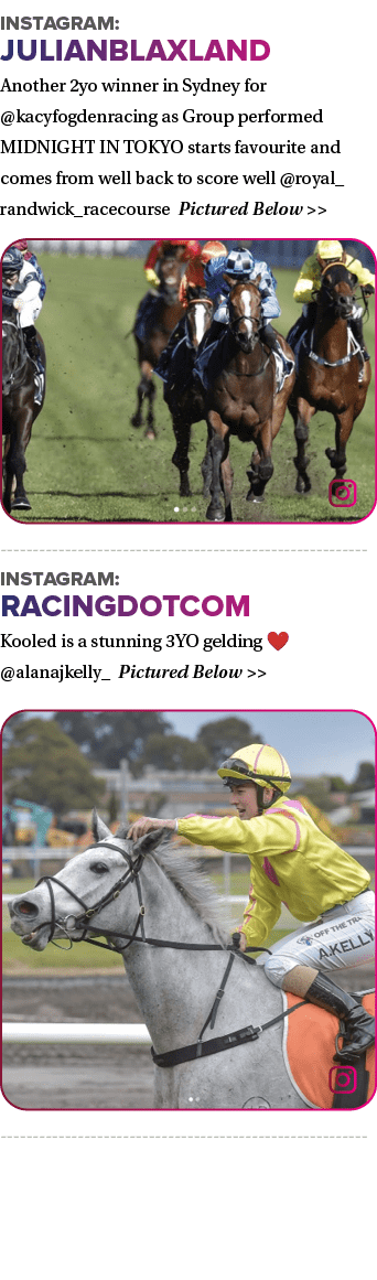 Instagram: julianblaxland Another 2yo winner in Sydney for @kacyfogdenracing as Group performed MIDNIGHT IN TOKYO sta...
