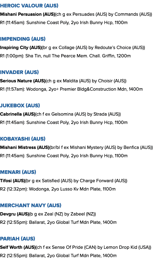 Heroic Valour (AUS) Mishani Persuasion (AUS)(ch g ex Persuades (AUS) by Commands (AUS)) R1 (11:45am): Sunshine Coast ...