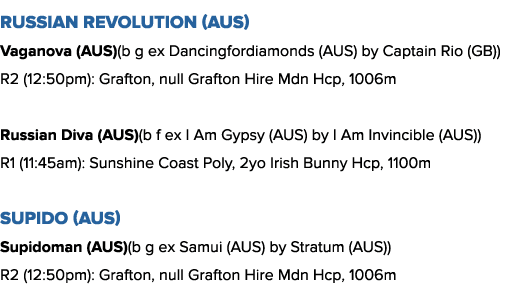 Russian Revolution (AUS) Vaganova (AUS)(b g ex Dancingfordiamonds (AUS) by Captain Rio (GB)) R2 (12:50pm): Grafton, n...