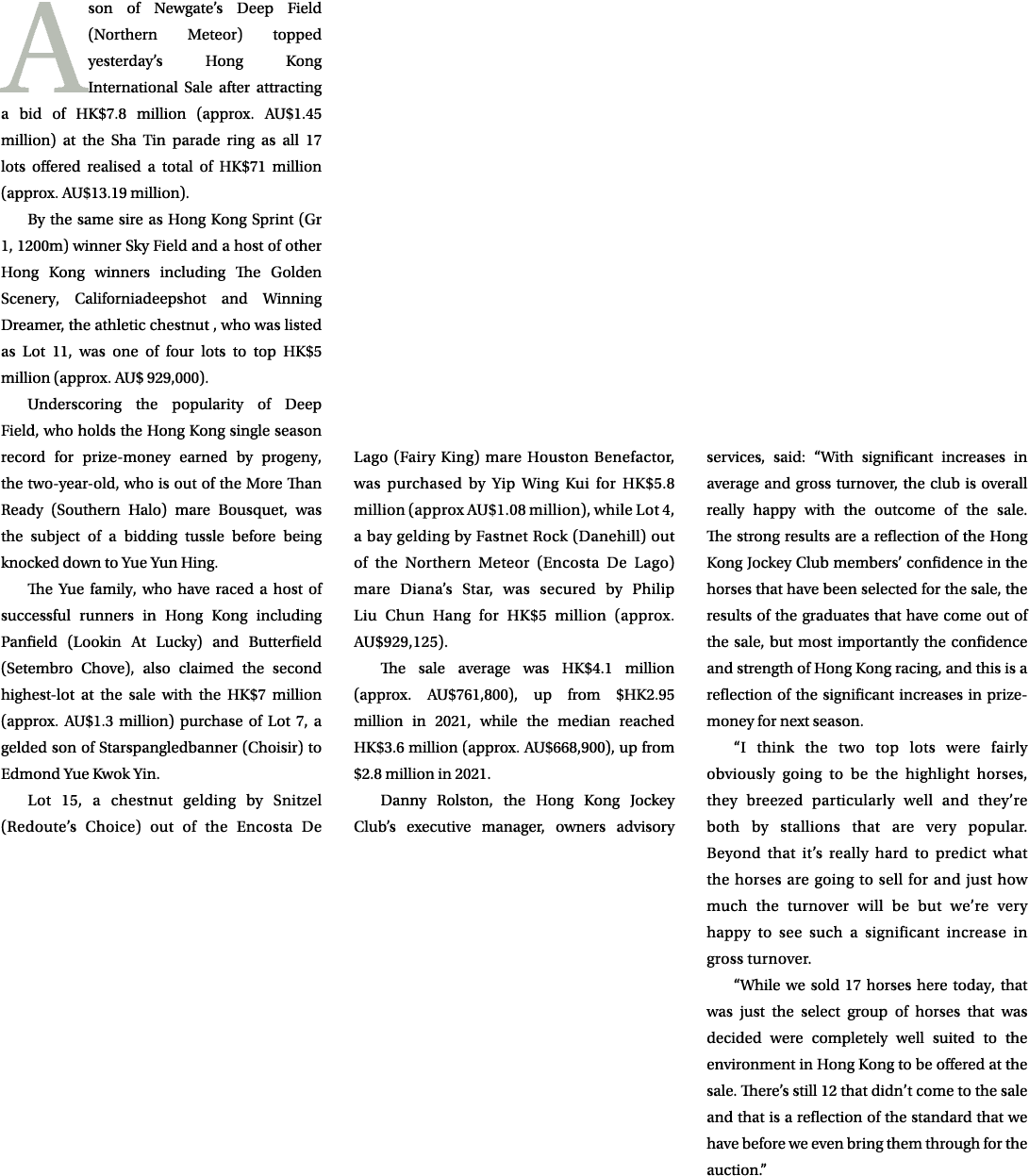 A son of Newgate’s Deep Field (Northern Meteor) topped yesterday’s Hong Kong International Sale after attracting a bi...