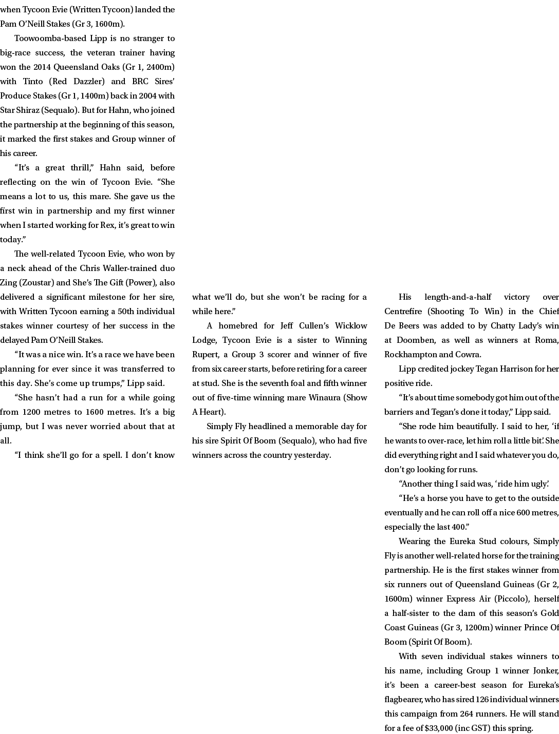 when Tycoon Evie (Written Tycoon) landed the Pam O’Neill Stakes (Gr 3, 1600m). Toowoomba-based Lipp is no stranger to...