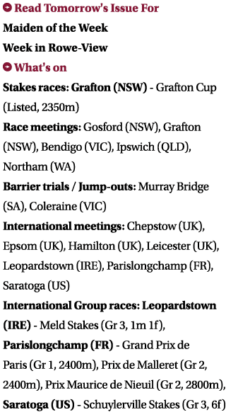  Read Tomorrow's Issue For Maiden of the Week Week in Rowe-View What's on Stakes races: Grafton (NSW) - Grafton Cup ...