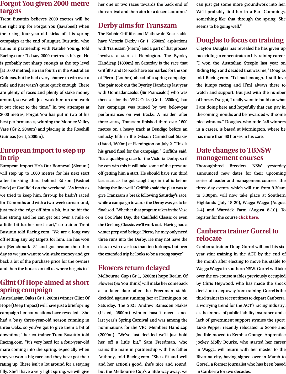 Forgot You given 2000-metre targets Trent Busuttin believes 2000 metres will be the right trip for Forgot You (Savabe...