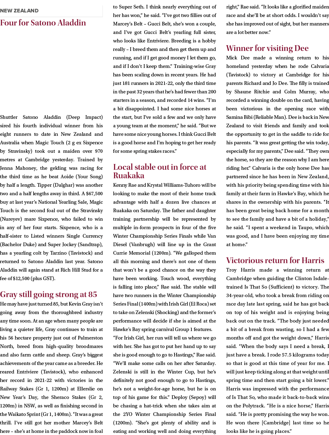  Four for Satono Aladdin Shuttler Satono Aladdin (Deep Impact) sired his fourth individual winner from his eight runn...