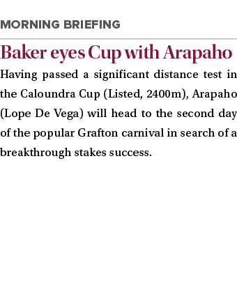  Baker eyes Cup with Arapaho Having passed a significant distance test in the Caloundra Cup (Listed, 2400m), Arapaho ...