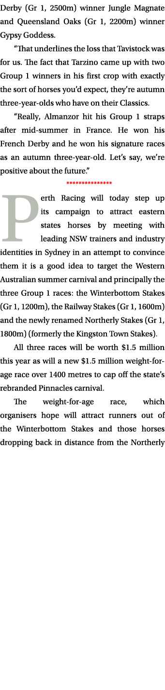 Derby (Gr 1, 2500m) winner Jungle Magnate and Queensland Oaks (Gr 1, 2200m) winner Gypsy Goddess. “That underlines th...