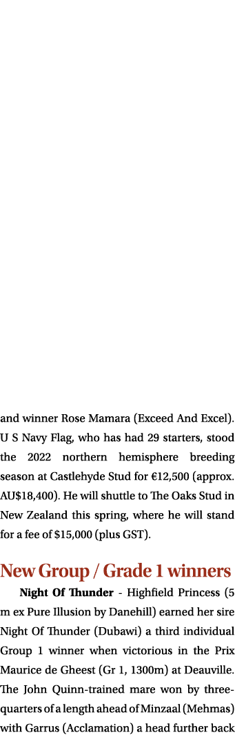 and winner Rose Mamara (Exceed And Excel). U S Navy Flag, who has had 29 starters, stood the 2022 northern hemisphere...