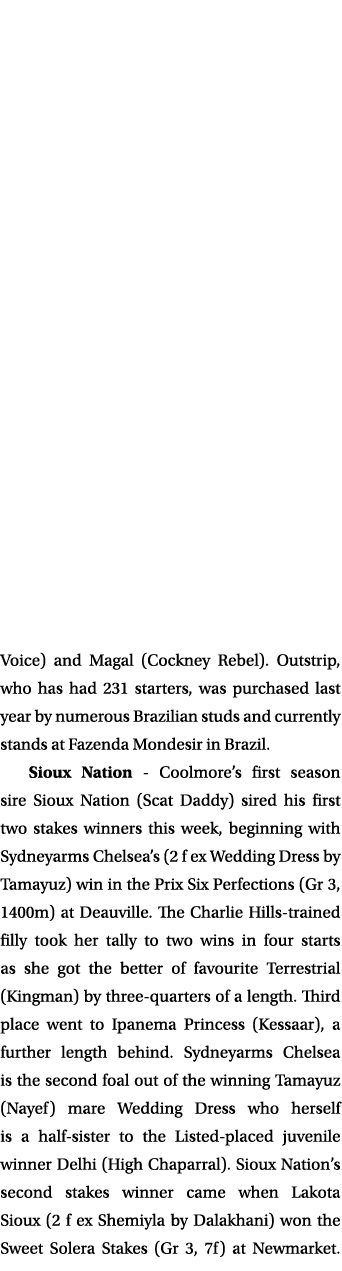 Voice) and Magal (Cockney Rebel). Outstrip, who has had 231 starters, was purchased last year by numerous Brazilian s...