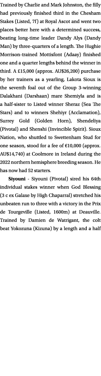 Trained by Charlie and Mark Johnston, the filly had previously finished third in the Chesham Stakes (Listed, 7f) at R...