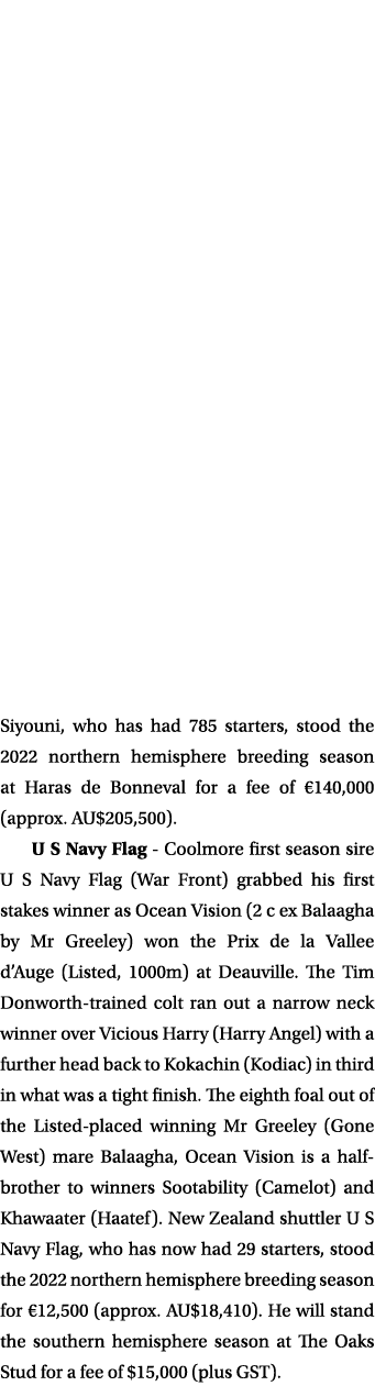 Siyouni, who has had 785 starters, stood the 2022 northern hemisphere breeding season at Haras de Bonneval for a fee ...