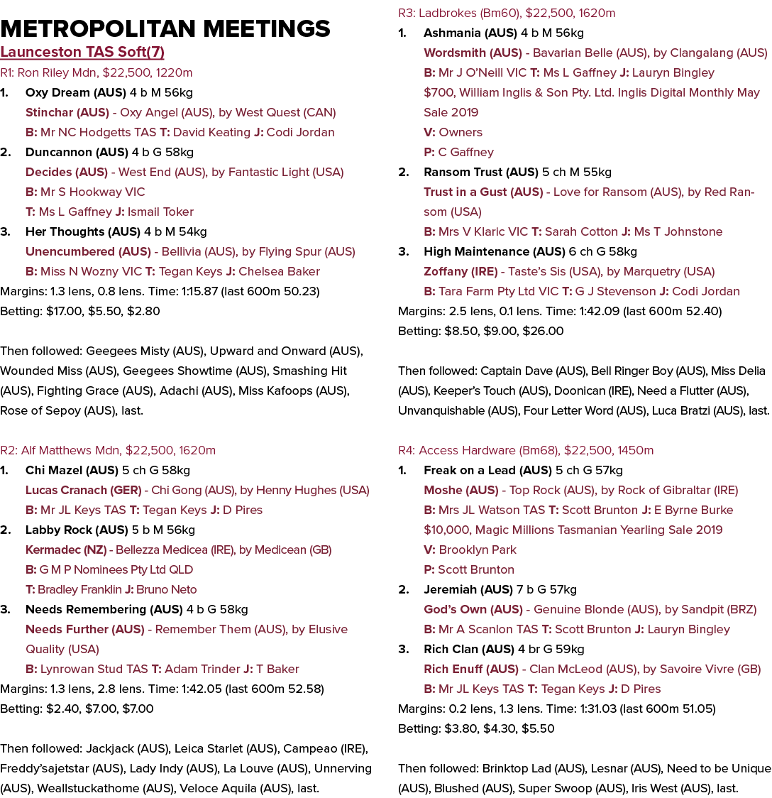 Metropolitan Meetings Launceston TAS Soft(7) R1: Ron Riley Mdn, $22,500, 1220m 1. Oxy Dream (AUS) 4 b M 56kg Stinchar...