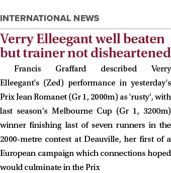  Verry Elleegant well beaten but trainer not disheartened Francis Graffard described Verry Elleegant's (Zed) performa...