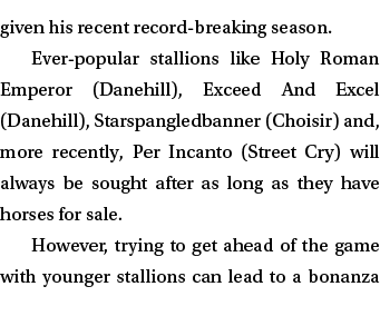 given his recent record-breaking season. Ever-popular stallions like Holy Roman Emperor (Danehill), Exceed And Excel ...