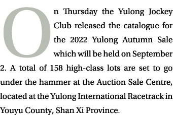 On Thursday the Yulong Jockey Club released the catalogue for the 2022 Yulong Autumn Sale which will be held on Septe...