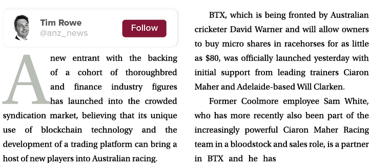  A new entrant with the backing of a cohort of thoroughbred and finance industry figures has launched into the crowde...