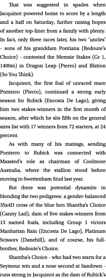 That was suggested in spades when Jacquinot powered home to score by a length and a half on Saturday, further raising...