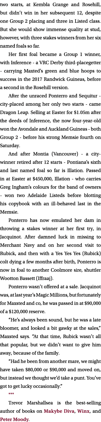 two starts, at Kembla Grange and Rosehill, but didn’t win in her subsequent 12, despite one Group 2 placing and three...