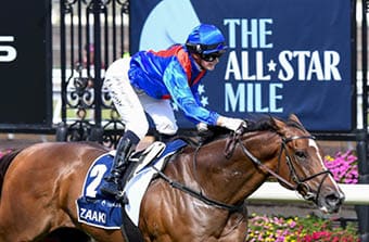 Zaaki (GB) ridden by Jamie Kah wins the The Seppelt Wines All-Star Mile at Flemington Racecourse on March 19, 2022 in Flemington, Australia. (Pat Scala/Racing Photos)