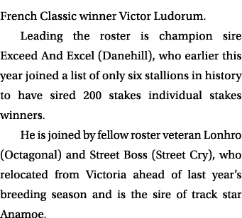 French Classic winner Victor Ludorum. Leading the roster is champion sire Exceed And Excel (Danehill), who earlier th...