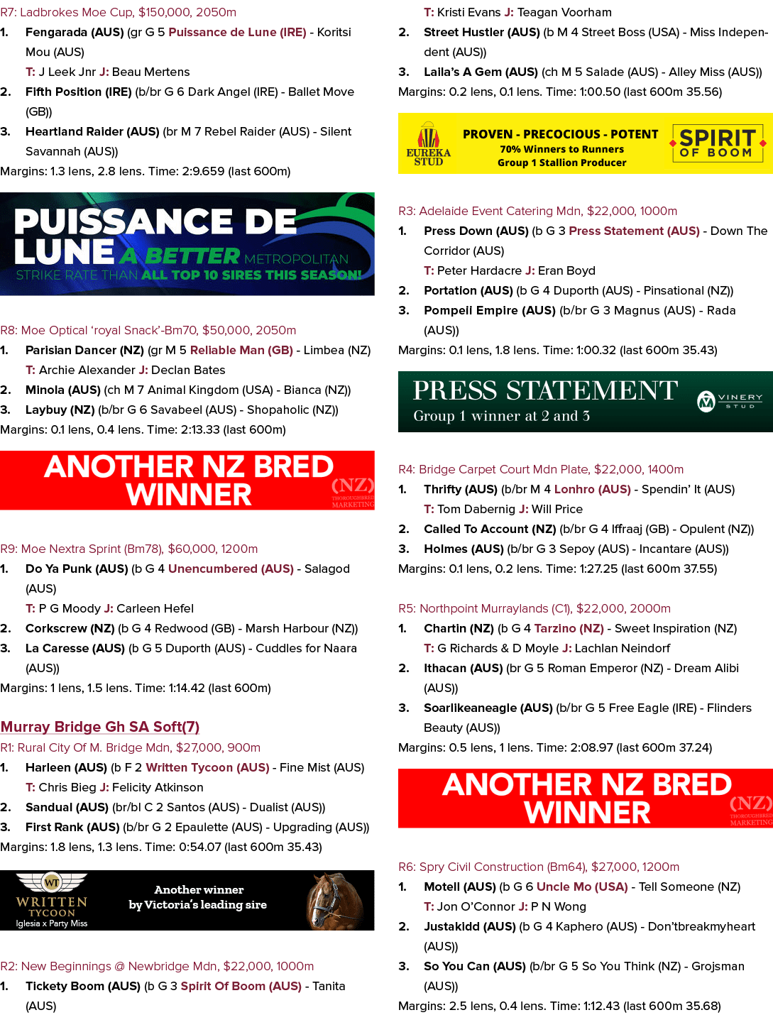 R7: Ladbrokes Moe Cup, $150,000, 2050m 1. Fengarada (AUS) (gr G 5 Puissance de Lune (IRE) - Koritsi Mou (AUS) T: J Le...