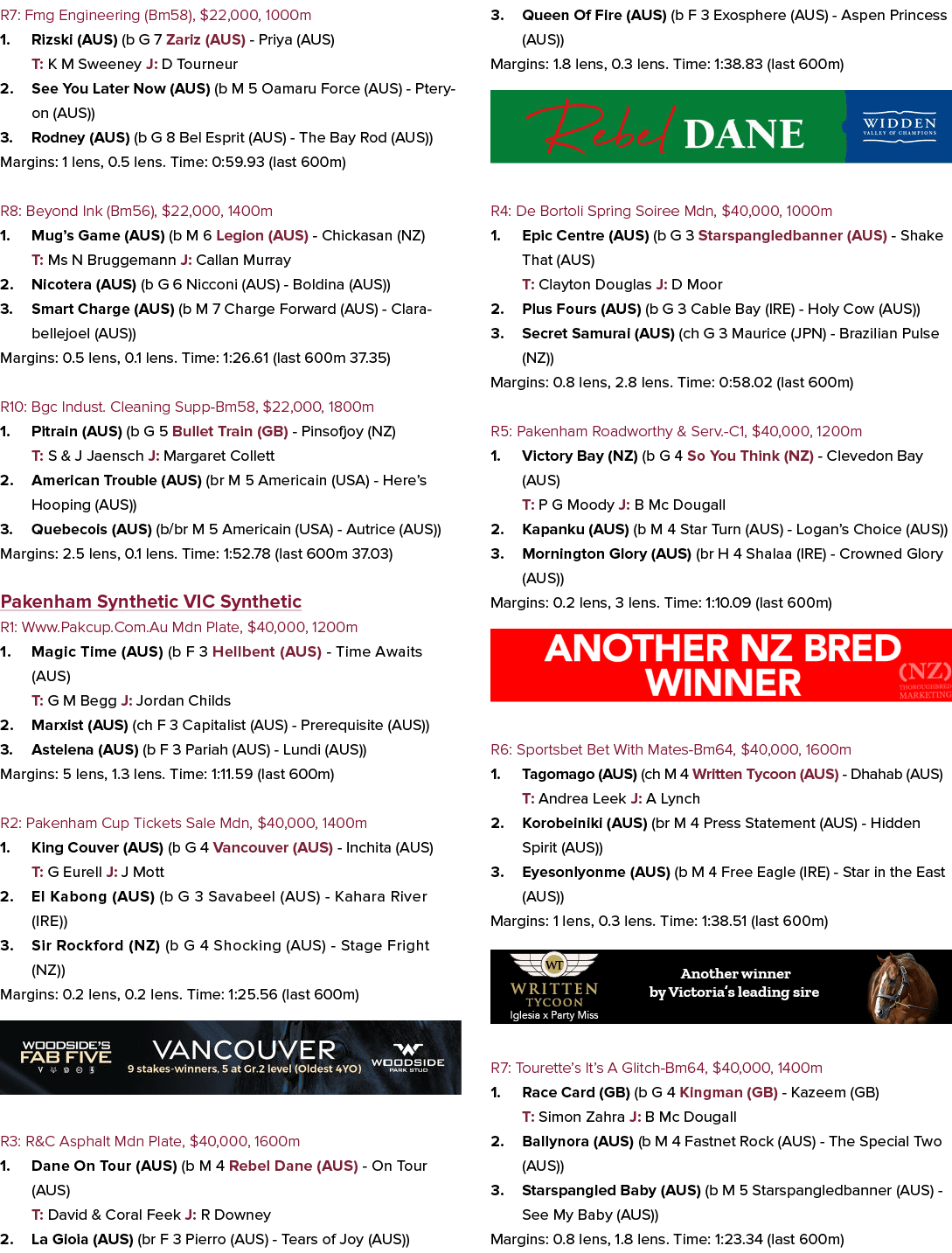 R7: Fmg Engineering (Bm58), $22,000, 1000m 1. Rizski (AUS) (b G 7 Zariz (AUS) - Priya (AUS) T: K M Sweeney J: D Tourn...