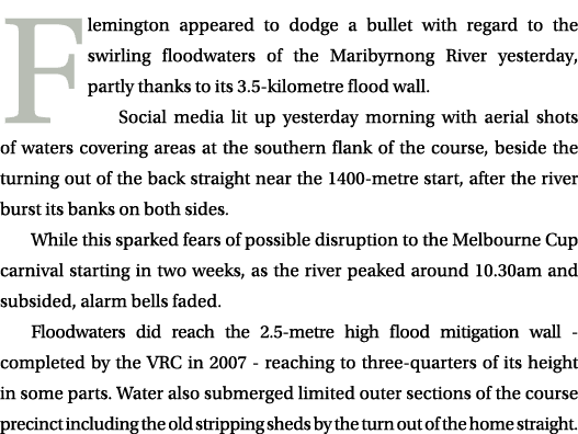 Flemington appeared to dodge a bullet with regard to the swirling floodwaters of the Maribyrnong River yesterday, par...