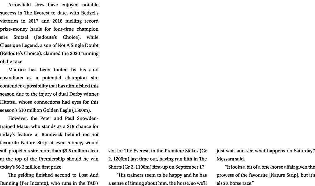 Arrowfield sires have enjoyed notable success in The Everest to date, with Redzel’s victories in 2017 and 2018 fuelli...