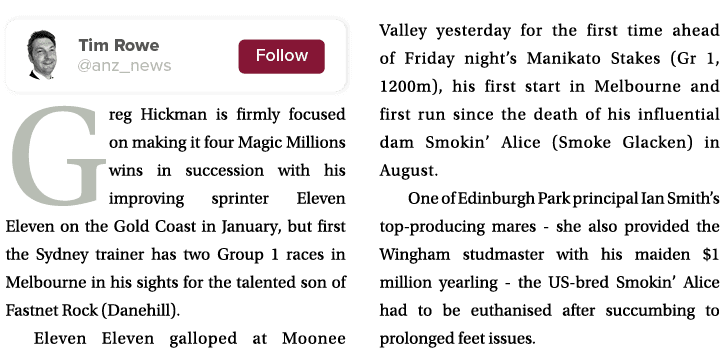  Greg Hickman is firmly focused on making it four Magic Millions wins in succession with his improving sprinter Eleve...