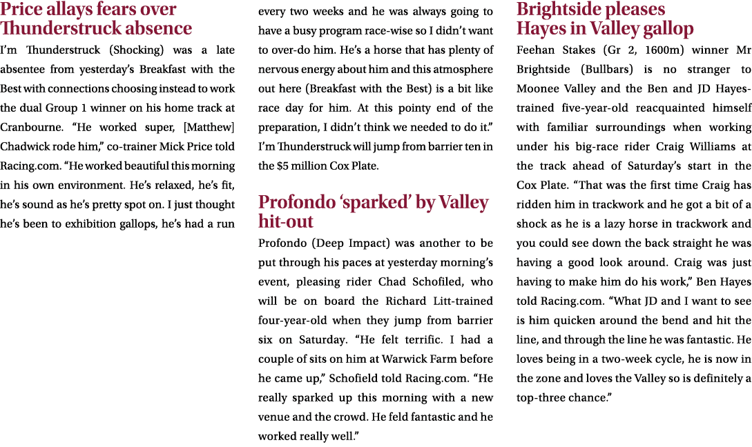 Price allays fears over Thunderstruck absence I’m Thunderstruck (Shocking) was a late absentee from yesterday’s Break...