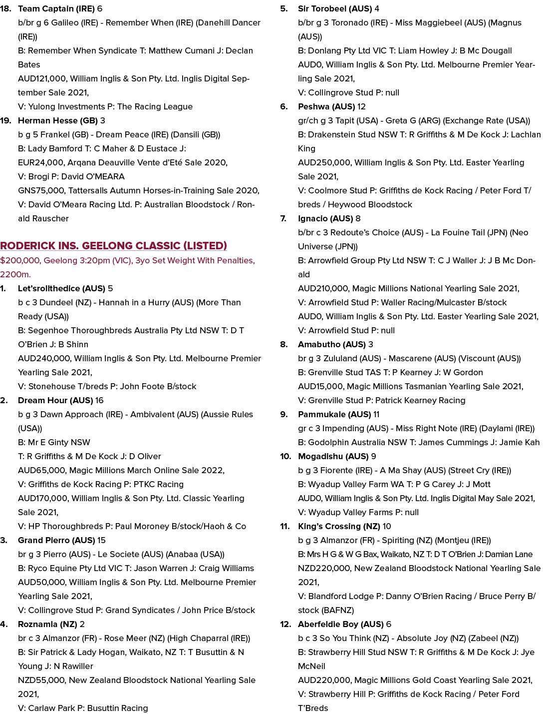 18. Team Captain (IRE) 6 b/br g 6 Galileo (IRE) - Remember When (IRE) (Danehill Dancer (IRE)) B: Remember When Syndic...