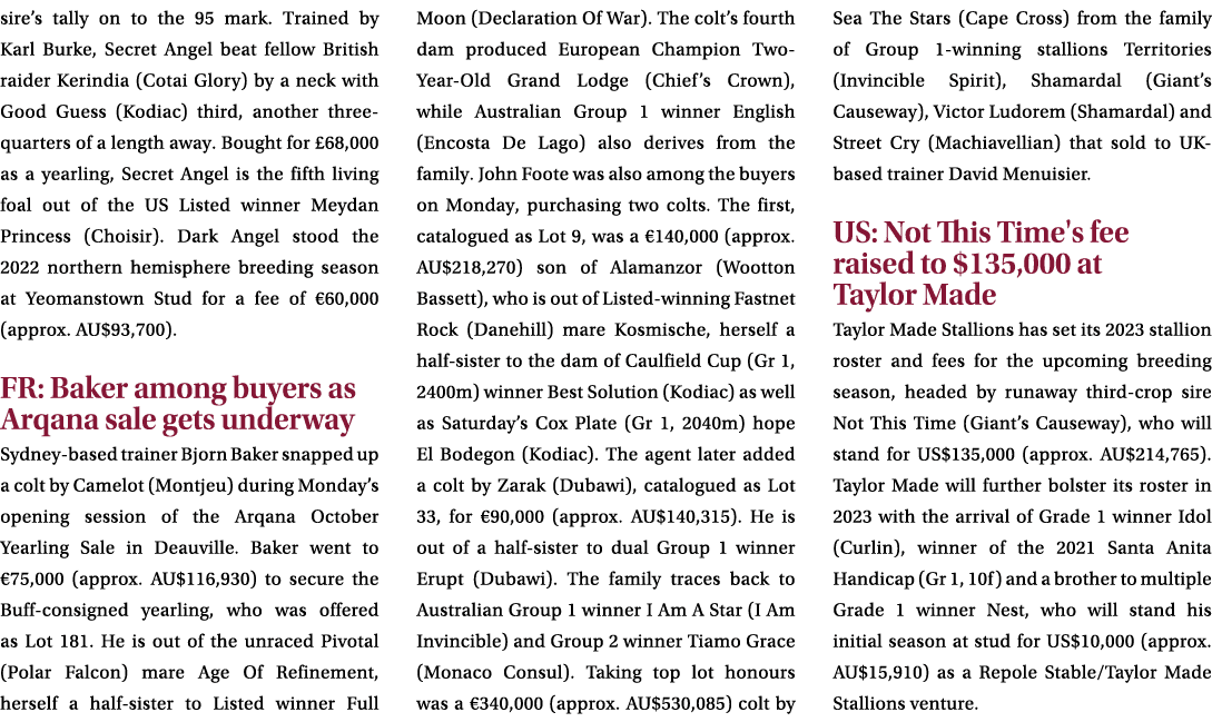 sire’s tally on to the 95 mark. Trained by Karl Burke, Secret Angel beat fellow British raider Kerindia (Cotai Glory)...