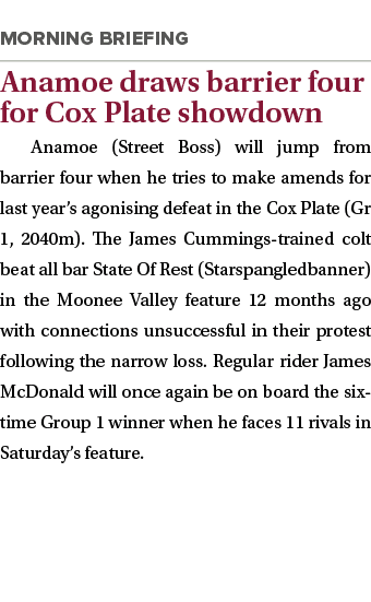  Anamoe draws barrier four for Cox Plate showdown Anamoe (Street Boss) will jump from barrier four when he tries to m...