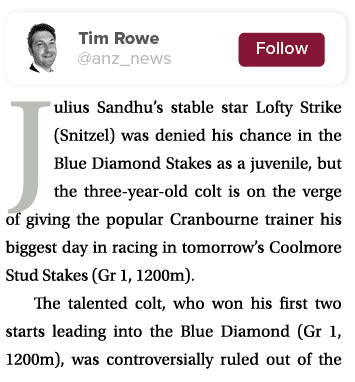  Julius Sandhu’s stable star Lofty Strike (Snitzel) was denied his chance in the Blue Diamond Stakes as a juvenile, b...