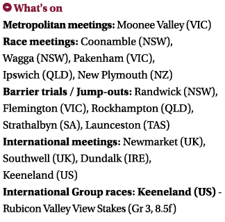  What's on Metropolitan meetings: Moonee Valley (VIC) Race meetings: Coonamble (NSW), Wagga (NSW), Pakenham (VIC), Ip...