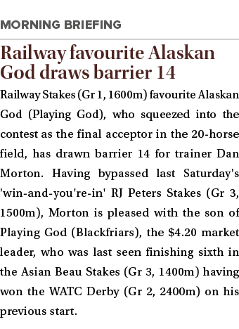  Railway favourite Alaskan God draws barrier 14 Railway Stakes (Gr 1, 1600m) favourite Alaskan God (Playing God), who...