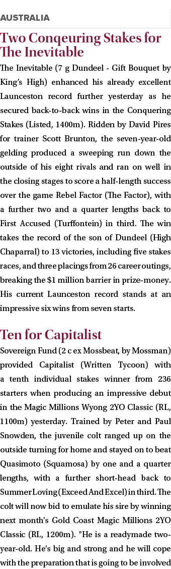  Two Conqeuring Stakes for The Inevitable The Inevitable (7 g Dundeel - Gift Bouquet by King’s High) enhanced his alr...