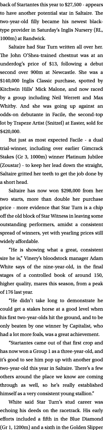 back of Startantes this year to $27,500 - appears to have another potential star in Saltaire. The two-year-old filly ...