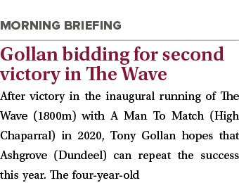  Gollan bidding for second victory in The Wave After victory in the inaugural running of The Wave (1800m) with A Man ...