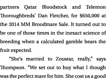 partners Qatar Bloodstock and Telemon Thoroughbreds’ Dan Fletcher, for $650,000 at the 2014 MM Broodmare Sale. It tur...