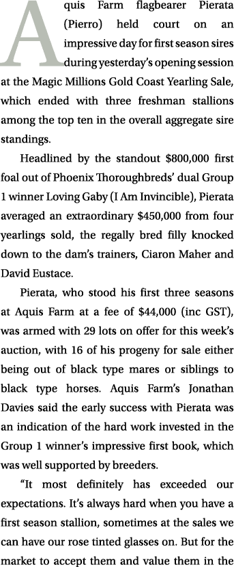 Aquis Farm flagbearer Pierata (Pierro) held court on an impressive day for first season sires during yesterday’s open...