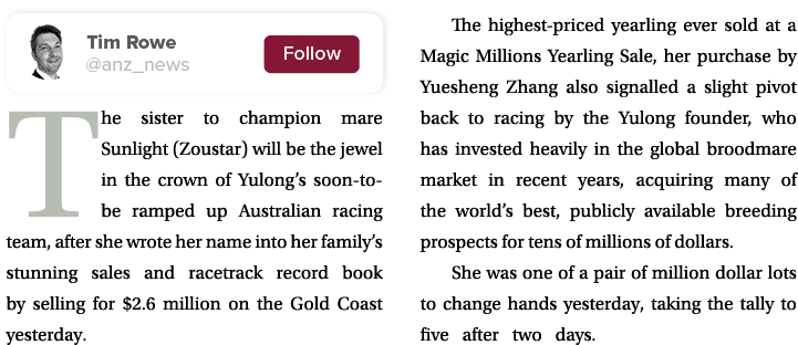  The sister to champion mare Sunlight (Zoustar) will be the jewel in the crown of Yulong’s soon-to-be ramped up Austr...